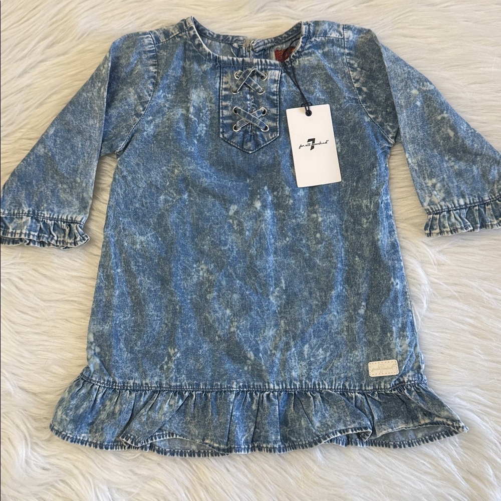 7 For All Mankind Girls Infant Cotton Blue Chambray Acid-Wash Denim Dress 18M